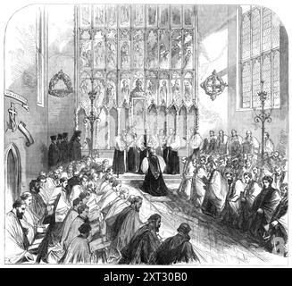 Weihe der Ven. Henry Mackenzie, D.D., als Suffraganbischof von Nottingham, 1870. Die Frage: "Was ist ein Suffraganbischof?" In letzter Zeit wurde oft gefragt und kann nun praktisch beantwortet werden, denn der erste Bischof dieser Klasse wurde gerade nach 250 Jahren in Nottingham geweiht, wobei die letzte der nachreformatorischen Reihe Sterne war. Suffraganbischof von Colchester Anfang des 17. Jahrhunderts... fand der Gottesdienst in der Kirche St. Mary statt... die für diesen Anlass dekoriert wurde. Die Wand hinter dem Kommuniontisch war mit Li bedeckt Stockfoto