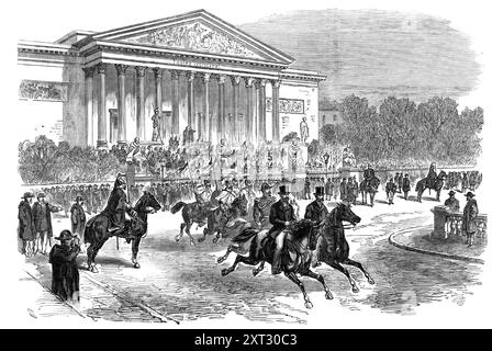 Beerdigung von Victor Noir: Szene vor dem Palast des Corps L&#xe9;gislatif, [Paris], 1870. Am 11. Januar 1870 wurde Noir, ein Journalist der Zeitung Marseillaise, von Prinz Pierre Bonaparte, einem Cousin des Kaisers Napoleon III. Erschossen und getötet. Die Beerdigung fand '...in auf dem Friedhof von Neuilly statt. und es war befürchtet worden, dass irgendeine Verletzung des Friedens, die zu einem sanguinösen Konflikt führte, an der vorgeschlagenen Demonstration teilgenommen hätte. Der Vater und Bruder des Verstorbenen Salmon weigerten sich jedoch, diese Trauerzeremonie in eine politische Ausstellung umzuwandeln Stockfoto