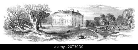 Sketches from Ireland: Sligo House, Westport, Mayo, 1870. "Der Marquis von Sligo, oder besser gesagt sein Bruder, Lord John Browne, bewohnt das schöne italienische Herrenhaus inmitten des charmanten Parks, in den man aus den Straßen von Westport hineingeht. und wo sich Holz und Wasser und sanft hügelige grüne Hänge verbinden, um eine dieser schönen Szenen zu erzeugen, die Freuden für immer sind. Lord John Browne wohnt im Haus des Marquis und übt Einfluss auf die Gegend. Ich glaube einmal, das ganze Land zwischen Newport und dem bo Stockfoto