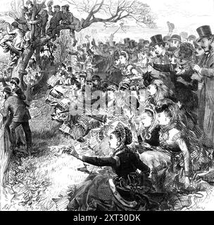 Das Universities Boat-Race: "Gut Gemacht, Hellblau!", 1870. Studentenruderrennen auf der Themse in London: Menschenmassen bejubeln das Cambridge-Team. „Das jährliche Rennen zwischen den Meisterbesatzungen der Bootsclubs Oxford und Cambridge University wurde letzte Woche [in unserer Ausgabe von] beschrieben. Die Abbildung, die jetzt für dieses Papier eingraviert ist, gibt einen guten Eindruck von der Szene im letzten Moment auf dem Fluss bei Mortlake, als das Cambridge Boot den Siegerpunkt überschritt, eine Länge und ein Drittel einer Länge vor dem Oxford Boot, während das Rennen mit einem feuerten A beendet wurde Stockfoto
