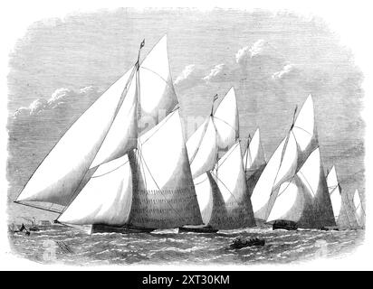 The Royal Thames Yacht Club: Abschluss des Cutter-Matches, 1870. Die Strecke war von Gravesend um das Nore Light und zurück... das Rennen fand unter der Leitung von Lord Alfred Paget, dem Commodore, und dem Vize-Commodore Lord de Ros statt. Die Yachten starteten um elf Uhr, mit leichtem Wind von E.S.E., bei halber Ebbe... die sternsten Schiffe kamen allmählich, als sie die Windschrägen erfassten, alle herauf und bildeten am Ziel eine Gruppe: Rose of Devon; Vanguard; Oimara; Julia; Christabel; Muriel; Vindex. Zu Beginn des Rennens hing die Vindex ein Protestsignal und am Ende des Rennens Stockfoto