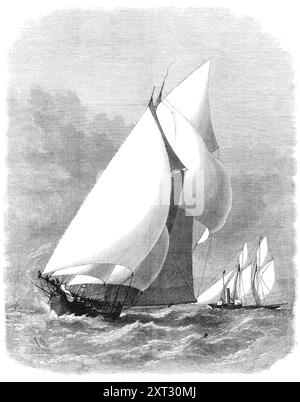 Das Internationale Yachtrennen: Die Sappho und Cambria, die vor St. Katharina's 1870 abrunden. "...das dritte und letzte Rennen zwischen der amerikanischen Yacht Sappho, die Mr. Douglas gehört, und der britischen Yacht Cambria, die Mr. Ashbury gehört, endete, wie die beiden früheren Rennen, zum Sieg der Sappho... der Kurs war... entlang drei Seiten eines Dreiecks, die Gesamtlänge von 60 Meilen...[beginnend am NAB-Leuchtschiff, vor der Isle of Wight]... das gesamte Interesse des Rennens als Prüfung der Segelqualitäten in den Yachten und der Fähigkeiten ihrer Kommandanten und Crews war auf den ersten oder den Wind beschränkt Stockfoto