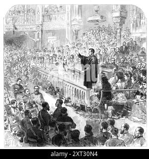 The Easter Volunteer Review at Brighton: Service in the Pavilion on Sunday Morning, 1870. Die Gravur auf unserer Titelseite repräsentiert die Versammlung der Freiwilligen am Sonntagmorgen, unter der Kuppel der Ausstellungshalle im Pavillon Palace in Brighton, wo eine Predigt von Pfarrer Dr. Griffith, Ehrenkaplan des 1. Sussex Artillery Corps, gepredigt wurde. Der musikalische Teil des Gottesdienstes wurde von Mitgliedern der Brighton Choral Societies unterstützt, begleitet von Mr. R. Taylor an der großen Orgel, und von der Band der 1. Sussex. Aus Illustrated London News Stockfoto