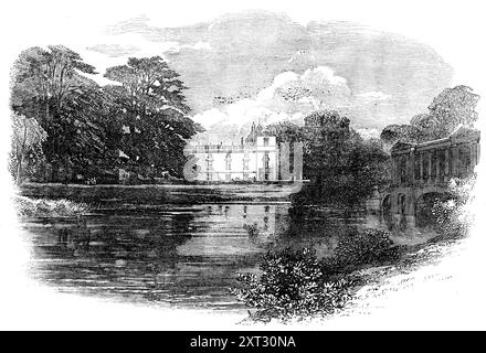 Wilton House in der Nähe von Salisbury, Sitz des Earl of Pembroke, 1871. Das erste erfasste Gebäude an der Stelle des Wilton House war eine Priorei, die im 9. Jahrhundert von König Egbert gegründet wurde. Wilton House, das seit über 400 Jahren das Haus der Earls of Pembroke war, stammt aus dem 16. Jahrhundert, obwohl es häufig umgebaut wurde. Die palladianische Südfront des Hauses wurde von Inigo Jones und Isaac de Caus entworfen. Aus Illustrated London News, 1871. Stockfoto