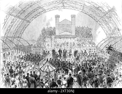 Eröffnung der Derby Fine-Arts and Industrial Exhibition, 1870. Ein neues Gebäude in der Becket-Street, Wardwick, für eine Bohrhalle des Freiwilligenkorps der Stadt Derby, wurde eröffnet mit einer Kunstausstellung und einem schicken Basar. Die Eröffnungszeremonie... wurde vom Duke of Devonshire geleitet; Lord Vernon, Lord Scarsdale, Lord Belper, Bischof von Lichfield, High Sheriff of the County, und die Bürgermeister und Magistrate dieser und der benachbarten Städte waren auf Einladung anwesend. Es gab eine Prozession von der Gildenhalle zum neuen Gebäude, wo die Stockfoto