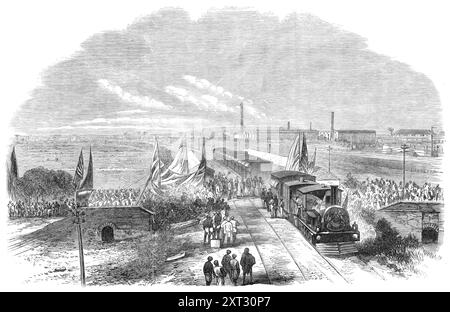 Abfahrt des Duke of Edinburgh von der Parell Station der Great Indian Peninsular Railway, 1870. Der Prinz wurde von Sir Seymour Fitzgerald, dem Gouverneur von Bombay, begleitet. Unsere Illustration zeigt die Szene bei ihrer Abfahrt von der Parell Station in der Nähe der Stadt Bombay am 16. März. Der Prinz steht neben den Wagen, mit dem Gouverneur auf der linken Hand und Mr. Conder, der Generaldirektor der Eisenbahn, auf der rechten Seite. Colonel Fraser von den 11. Husaren steht hinter ihnen. Links von der Gruppe befinden sich die Kutschen und Escort vom Regierungshaus ; und im b Stockfoto