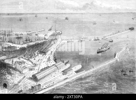 Vorgeschlagene Kanalbahn-Fähre: Bahnhof und Pier in Dover, 1870. "Eine Dampfeisenfähre von Dover zu einem Punkt an der gegenüberliegenden französischen Küste, nahe Kap Grisnez, wurde von Mr. John Fowler vorgeschlagen. Der geplante Hafen von Dover ist vor jedem Sturm geschützt und wird mit einem Gravierdock ausgestattet. und ein überdachter Liegeplatz für die Dampfschiffe, mit hydraulischer Ausrüstung, um die Züge von der Bahn zum Dampfschiff zu bringen und umgekehrt... es soll eine kurze Verbindungsbahn geben, durch die die London, Chatham und Dover Railway, ebenso wie die South-Eastern Railway, Stockfoto