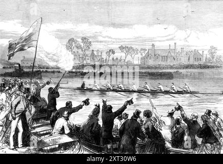 The Universities Boat-Race: Cambridge Winning, 1870. Blick auf das jährliche Rennen zwischen den Meisterbesatzungen der Oxford and Cambridge University Boat Clubs...[auf der Themse in London]... die Illustration gibt eine gute Vorstellung von der Szene im letzten Moment auf dem Fluss bei Mortlake, als das Cambridge Boot den Siegerpunkt überschritt, eine Länge und ein Drittel einer Länge vor dem Oxford-Boot, während der Abschluss des Rennens durch das Abfeuern einer Kanone von einem der Boote, die nahe der Middlesex-Küste ankerten, bekannt gegeben wurde... Ein kleines Buch, gebunden in hell- und dunkelblau, wurde veröffentlicht von Stockfoto