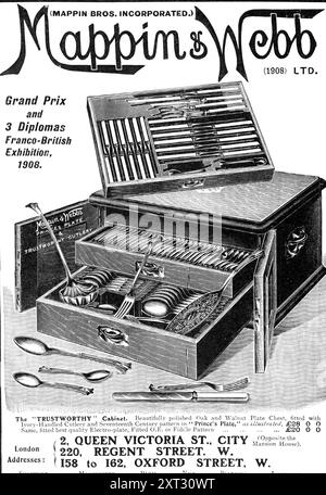 Mappin &amp; Webb: Das „vertrauenswürdige“ Kabinett, 1909. Grand Prix und 3 Diplome Franco-British Exhibition, 1908. 'Wunderschön polierte Oak ancl Nussbaum Platte Brust, ausgestattet mit elfenbeinfarbenem Besteck und Muster aus dem 17. Jahrhundert in 'Prince's Plate', wie dargestellt: &#xa3;28 0 0. Gleiche, montierte beste Elektroplatte, montierte OE oder FID&#xe8;le Muster: &#xa3;20 0. London Adressen: 2, Queen Victoria St., City. 220, Regent Street. W. 158 bis 162, Oxford Street, W. Sheffleld. Manchester. Paris. Schön. Biarritz. Johannesburg“. Aus Illustrated London News, 1909. Stockfoto