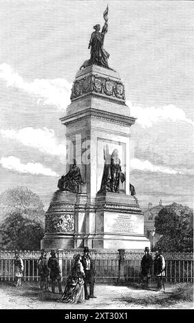 Denkmal von König Wilhelm I. von Holland, in den Haag, 1870. Denkmal in Plein 1813. Zum Gedenken an den Sieg über Napoleon und an die Gründung des Königreichs der Niederlande. "In den Haag wurde kürzlich ein nationales Denkmal zu Ehren von Wilhelm von Orange, dem ersten König der Niederlande, errichtet... das Denkmal ist sowohl in seiner Struktur als auch in seiner Gestaltung würdig der angesehenen Persönlichkeit und dem wichtigen historischen Ereignis, das es zu gedenken beabsichtigt. Zwei Steintreppen führen zu einem weitläufigen Untergeschoss, auf dem ein massiver Sockel mit einer Statue von König Wilhelm I. und einigen errichtet ist Stockfoto