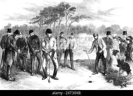 Golfspiel auf Blackheath, 1870. Spiel zwischen den Golfclubs London Scottish und Royal Blackheath. Das Spiel bestand aus 21 Löchern... die Spieler hatten 20 auf jeder Seite, und das Spiel wurde "in Viererspielen" gespielt, was bedeutet, dass zwei von einer Seite gegen zwei von der anderen Seite gespielt haben. Das erste Blackheath-Paar war Captain Rucker und Mr. Brown, im Gegensatz zum ersten schottischen Londoner Paar, d. h. Captain Dudgeon und Mr. W. Dudgeon, Glennie und Mackenzie schlugen Sir Hope Grant und Kerr, Wylie und S. Smith schlugen Dean und Hutchison, Baldwin und Bennet schlugen Cheyne und G. Anderson; Adamson und B. Stockfoto