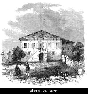 Haus in Oropos, wo die Engländer gefangen waren, 1870. Gravur einer Skizze von John Ellis vom Haus des Schulmeisters im Dorf, wo... die englischen Herren Herbert, Vyner und Lloyd, und der italienische Graf von Boyl... wurde vom 19. bis 21. April in einem Raum eingeschlossen, ohne Möbel, aber einen Stuhl und einen Tisch. der Rest des Hauses wurde von Arvanitaki und seiner Bande besetzt, der Mord... durch die Brigands von Attika, wer sie auf der Straße zwischen Athen und Marathon gefangen hatte, ist frisch in der Erinnerung unserer Leser. (Die Gefangenen waren)... Schlachter Stockfoto