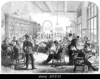 The Guards' Institute, Vauxhall-Bridge-Road [in South London]: The Reading-Room, 1869. Das neue Gebäude in der Francis-Straße, Vauxhall-Brücke-Straße,... das für die Unterbringung des Sozialclubs errichtet wurde, der unter der Schirmherrschaft der Wachoffiziere für den Komfort und die Erholung der Soldaten gebildet wurde... wurde von mehr als fünfzehnhundert Mitgliedern begleitet. wer es gewohnt ist, es abends, sowohl an Wochentagen als auch sonntags, zum Lesen, Schreiben und Konversation zu besuchen, auch Erfrischungen von gesunder Art (Bier und Wein, aber keine glühenden Spirituosen) provi zu essen Stockfoto