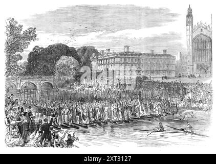 Prozession der Boote in Cambridge - Three Cheers for the Cambridge Eight, 1870. "Der jährliche Wettbewerb, der eine ganze Woche der Maiperiode umfasst, findet zwischen allen College-Booten auf der Cam statt, um die Ehre, ihre Prozession zu führen... es gibt drei Segmente von Booten, die erste und zweite bestehen aus jeweils fünfzehn und die letzte von zehn Booten. aber nur die der ersten und zweiten Division nehmen an diesem Wettbewerb Teil... die Boote der ersten Division sind allesamt Stützen. Sie versuchen nicht, einander zu überqueren, da der Fluss zu schmal ist, aber jedes Boot versucht, das Boot anzustoßen Stockfoto