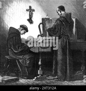 "Out of the World" von R. Lehmann, 1870. Gravur eines Gemäldes. Wir verstehen, dass der Künstler vor Jahren im Franziskanerkloster in Tivoli gesehen hat. In einer weiß getünchten Zelle... spielt ein junger Mönch Cembalo - eines dieser altmodischen Instrumente, die noch immer in abgelegenen Bezirken des Kontinents verwendet werden, wo das moderne Klavier noch nicht eingeführt wurde - und ein älterer Mönch steht und hört ihm zu. Im Inneren des Cembalo war der Destich in Mönchslateinisch geschrieben, der im Katalog zitiert wurde: „Me vivum in silva fecit natura tacere: Me caesum ars cogit, dulce so Stockfoto