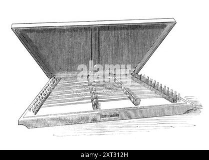 Musikinstrumente im South Kensington Museum: Yang-kin oder chinesisches Hackbrett, 1870. Saiteninstrument '...montiert mit dünnen Messingsaiten, auf zwei Brücken platziert, um abwechselnd durch eine Brücke und über die andere zu laufen. Es wird mit zwei kleinen Stöcken gespielt. Aus Illustrated London News, 1870. Stockfoto