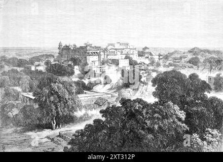 Der alte Palast in Bhurtpore, Indien, 1870. Dieser Heimatstaat, der unter dem Schutz und der Verwaltung einer britischen Residency steht, ist ein Gebiet so groß wie Yorkshire, mit einer halben Million Menschen, westlich von Agra. Seine Bewohner sind der Hindus namens Jauten, die sich dreißig Jahre vor den britischen Eroberungen in Bengalen gegen das Mohammedanerreich von Delhi auflehnten; und ihre Rajahs erhielten [während] des 18. Jahrhunderts einen beträchtlichen Anteil an der Macht. Die Stadt... war... groß und bevölkerungsreich, und wurde von Erdmauern 60 Fuß verteidigt. Dick, und durch einen breiten und tiefen Graben, der zusammen ist Stockfoto