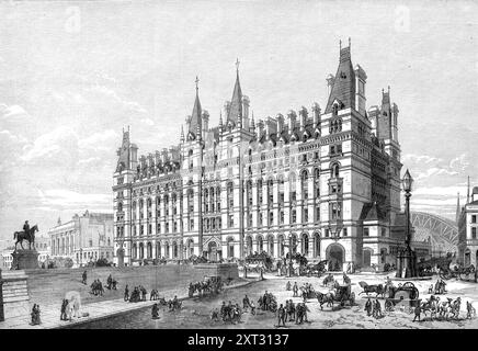 Neues Eisenbahnhotel am Londoner und Nordwestterminus, Lime-Street, Liverpool, 1870. Das neue Hotel grenzt an die Endhaltestelle London und Nordwest an... direkt gegenüber der St. George's Hall, ist ein herrliches Gebäude im Renaissance-Stil, 390 m Lange vorne und 110 Fuß. Hoch, aber seine zentralen Türme steigen auf 160 Fuß. Es hat sieben Etagen mit 330 Zimmern, mit Erfrischungsräumen für den Service des Bahnhofs am Ende der Lord Nelson-Straße Geräumige Speisesäle, Kaffeeräume, Raucherzimmer, Billardzimmer und andere Apartments, mit der Bar und Büros und mit einem großen Eingangsbereich Stockfoto