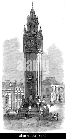 Albert Memorial Tower, Belfast, 1870. Der Turm, entworfen vom verstorbenen Mr. J. W. Barre, gebaut unter der Leitung von Mr. C. Sherry, von Fitzpatrick, erhebt sich bis zu einer Höhe von 110 m, einschließlich des Turms. Es ist im venezianischen gotischen Stil der Architektur, bereichert mit vielen Skulpturen Ornament. Die untere Bühne zeigt eine Arkade auf freistehenden Säulen, über der sich ein aufwendig geschnitztes Gesims befindet. Die Statue des verstorbenen Prinzen Consort befindet sich in einer Nische, 32 m. Über dem Boden. Darüber ist die Tarnstufe, und darüber der Glockenturm, eine offene achteckige Kammer. Unsere Illustration Stockfoto