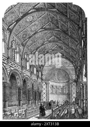 Die Kapelle des King's College, Strand, 1869. Das Innere der King's College Chapel in London ist eines der originellsten Werke von Mr. Gilbert Scott. Aufgrund der Tatsache, dass sich die Kapelle im ersten Obergeschoss der Kollegialgebäude befindet und nichts Besonderes in ihrem äußeren Aspekt hat, beeindruckt ihr Aussehen den Besucher mit Bewunderung im Sinne der Überraschung nicht weniger als im Sinne der Zustimmung. Seine Verzierung ist das Ergebnis der allmählichen Ausgabe von Beiträgen der Freunde des Kollegiums. Dies begann 1861 mit dem Auswerfen eines apsidalen Chors und dem Einfügen neuer Fenster. Im August 186 Stockfoto