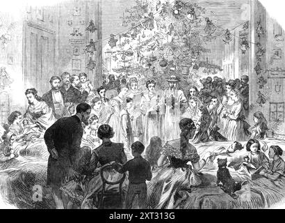 Festival im East London Hospital for Children on Silvester 1870. "Der Weihnachtsbaum war am Ende einer der größten Stationen, und um ihn herum waren die Patienten gut genug gesammelt, um aufzustehen, und fast 200 weitere Kinder, die früher in der Einrichtung erleichtert worden waren. Es war in der Tat ein Anblick, um die Herzen derer zu erfreuen, die so für diese Armen ein paar Stunden ungewollter Freude sorgten. Vor dieser großen Gruppe standen auf beiden Seiten Betten, deren kleine Bewohner, obwohl sie nicht aufstehen konnten, von Spielzeug und anderen Vergnügungen umgeben waren. Neben dem Weihnachtsbaum gab es einen Stockfoto