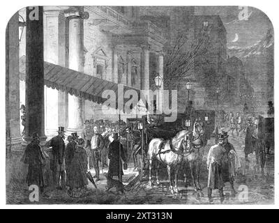 Mr. Gladstone's Minister Dinner: Ankunft der Gäste, 1870. Der britische Premierminister William Ewart Gladstone unterhält seine politischen Freunde... auf der Carlton House-Terrace (in London)... viele der Gäste waren in Gerichtskleidung; und ihre Ankunft an Mr. Gladsteins Tür, nach sieben Uhr abends, zog den Blick einer Menge von Liegen an. Zu den geladenen Gentlemen gehörten der rechte Hon. Evelyn Denison, der Vorsitzende des Hauses, der Marquis of Hartington, Viscount Castlerosse, Lord Otho Fitzgerald, Lord John Hay, der rechte Hon. H. A. Bruce, der rechte Hon. E. Cardwell, der Kanzler von t Stockfoto