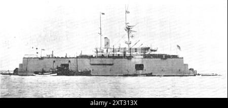 Ein Schlachtschiff, das auf dem Wasser angedockt wurde: H.M.S. „Sans Pareil“ auf einem schwimmenden Dock in der Tyne, 1909. „Dieses bemerkenswerte Bild zeigt das größte Schwimmdock, das es gibt, mit einer Tragfähigkeit von 17.000 Tonnen, das kürzlich im Tyne getestet wurde. Darin liegt das Schlachtschiff "Sans Pareil", das es körperlich aus dem Wasser gehoben hat. Das Dock wurde im Auftrag der Admiralität für den Dienst in Bermuda gebaut und muss fast 4000 Meilen bis zum Ziel abgeschleppt werden." Aus Illustrated London News, 1909. Stockfoto