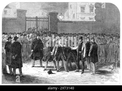 Die Unruhen in Paris: Verhaftung von M. Rochefort, 1870. "Um halb acht Uhr wurde M. Rochefort verhaftet, gerade als er an der öffentlichen Sitzung teilnehmen wollte, die in der Rue de Flandres, in der ersten Wahlbezirk, in der sogenannten Salle de la Marseillaise stattfinden sollte. Er machte keinen Widerstand und wurde ins Gefängnis von La Pelagie gebracht. Aus Illustrated London News, 1870. Stockfoto