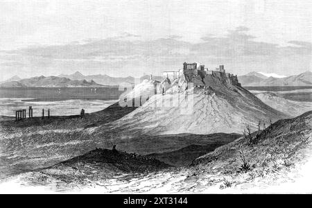 Zeichnung von der Straße zwischen Marathon und Athen, 1870. Blick auf das Land zwischen Athen und der Ebene von Marathon, wo die unglückliche Gruppe englischer Touristen am Montag, den 11. April, von der Bande von Räubern unter der Führung der Brüder Arvanitakis entführt wurde, die dieses bergige Viertel schon lange befallen haben. Der Marathon, Schauplatz der unvergesslichen Schlacht im Jahr 490 v. Chr., befindet sich an der Westküste des Vorgebirges Sunium, der südwärts vom Festland Attika ragt. Die Breite dieser Halbinsel beträgt nicht mehr als 20 oder 30 Meilen vom Golf o entfernt Stockfoto