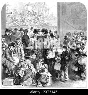 Emigranten mit dem Schiff Ganges, das nach Kanada abreist, [von Victoria Docks, London], 1870. An Bord war eine große Gruppe von Emigranten [761 Seelen], die mit dem East-End Emigration Club verbunden waren, einer Gesellschaft, die in verbindung mit dem Komitee des British and Colonial Emigration Fund agierte... Captain Forster, R.N., der Chefinspektor für die Auswanderung des Londoner Hafens, war bei der Erfüllung seiner offiziellen Aufgaben anwesend, und es schien keine Anstrengung zu sein, den Komfort der Passagiere zu sichern... eine Reihe arbeitender Personen säumten die angrenzenden Kais, die ein lebhaftes Interesse an dem Verfahren zeigten. und jubeln Stockfoto