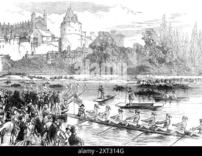 Der 4. Juni in Eton: Die Boote verlassen die Brocas nach Surley Hall, 1870. Das jährliche Festival des Eton College and School, das für den 4. Juni, den Geburtstag von König Georg III., ernannt wurde, wurde am Samstag mit voller Erfolg gefeiert. Das Wetter war gut, und es gab zahlreiche Besucher aus London und anderswo, darunter viele „alte Eton-Gefährten“ und viele weitere Eltern oder Freunde der jetzigen Schüler... die Prozession der Boote die Themse hinauf... fand wie üblich zwischen sechs und sieben Uhr statt. Das Eton-Ufer des Flusses war mit Kutschen und Zuschauern auf foo überfüllt Stockfoto