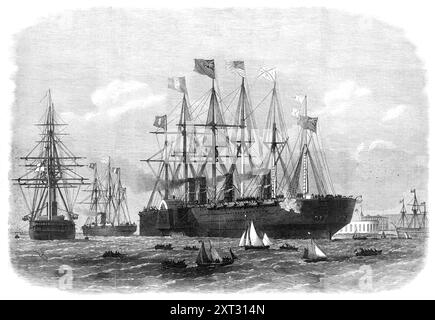 Das Great Eastern Dampfschiff verlässt Sheerness mit dem French Atlantic Cable, 1869. Beginn einer wichtigen Kabelverlegungsfahrt. Bei Flut, mit ihren Verbeugungen zum Nore, waren es nur etwa 1,5m. Unter ihr, als sie ihren ersten Zug machte. In solchen Untiefen erforderte es kein gewöhnliches Geschick und keine Seemannschaft, um den riesigen Rumpf sicher durch den schmalen Kanal aus der neuen Batterie herauszubekommen,... aber alles wurde so einfach gemacht, als wäre das Schiff eine Yacht gewesen... solch langsame Fortschritte war im Wasser absolut notwendig so flach... wie es war, war es aus dem Wasser, das sie in ihrem Gefecht hinterlassen hat, offensichtlich, dass sie es war Stockfoto