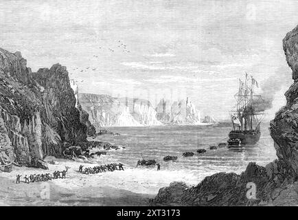 The Falmouth, Gibraltar and Mediterranean Telegraph: Landung des Kabels in Porthcurnew Bay, Cornwall, 1870. "Die erfolgreiche Fertigstellung der U-Boot-Telegrafenleitung zwischen Malta, Gibraltar, und Falmouth, in Verbindung mit den Telegrafen des Anglo-Mittelmeer und des Britisch-Indischen U-Boots, wurde zur öffentlichen Zufriedenheit angekündigt, eine direkte U-Boot-Kommunikation von Indien nach England zu bilden, die nur das Land Ägypten durchquert, war die Porthcurnew Bay der Landeplatz des Mittelkanal-Telegrafenkabels, das mit dem Signalschiff kommuniziert, das auf halbem Weg dazwischen liegt Stockfoto