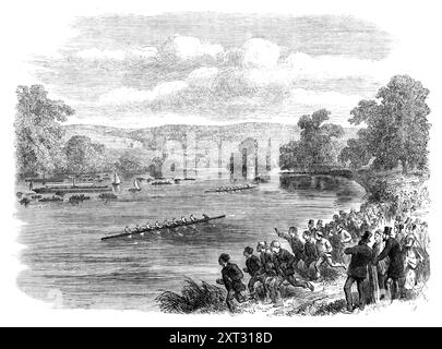 Die Regatta in Henley-on-Thames, [Oxfordshire], 1869. Die Wasseramüsanten der zwei Tage in der Henley Royal Regatta am Mittwoch und Donnerstag der letzten Woche scheinen ziemlich langweilig gewesen zu sein. Das Wetter am ersten Tag, obwohl es am Nachmittag vor Beginn des Rennens aufhellte, hatte am Morgen so sehr bedroht, dass die Zuschauerzahl verringert wurde. Auf der Brücke gab es viele in Kutschen, aber der Stand war nicht voll belegt, und der Flussweg war nicht so überfüllt wie früher. Dieses Jahr waren keine Dampfboote auf dem Fluss erlaubt, außer dem, das Mr. Morris beförderte Stockfoto