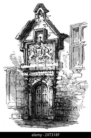 Doorway, York, 1870. Die Abtei St. Maria, die ihrem Abt eine Mitra gab, wurde in der Reformation verurteilt und wie das Kolosseum in Rom als Steinbruch für den Bau anderer Gebäude genutzt, während das Land um sie herum beschlagnahmt und der Krone beschlagnahmt wurde. Mit einem großen Teil der Materialien wurde das King's Manor House gebaut und lange Zeit von Wentworth, Earl of Strafford, besetzt, gegen den es als ernsthafte Anklage erhoben wurde, dass er seine privaten Waffen an einer Tür angebracht hatte (wie in der Gravur). und so hatte man sich mit einem königlichen Palast eine unberechtigbare Freiheit genommen. Jetzt ist es an gerichtet Stockfoto