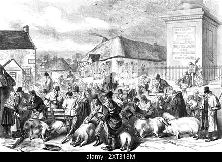 Sketches from Ireland: The Pig Fair at Trim, County Meath, 1870. 'Trim Pig Fair findet statt... am Fuße des Hügels, auf dem die Grafschaft Meath ihren "dankbaren Beitrag zum illustren Herzog von Wellington" erhoben hat... "willst du ihn nehmen?" Fragt Mike: "Willst du es jetzt nehmen? Gib mir deine Hand," worüber er Besitz erlangt hat, beginnt er sofort mit seiner eigenen abzuschlagen, wiederholt gleichzeitig seinen Schlag und seine Frage... Mike dreht sich lang auf die Ferse und ruft in einem Ton von intensivem Ekel: "Oh! Darf ich Ain nicht atmen, wenn ich dir noch eine Stunde gebe Stockfoto