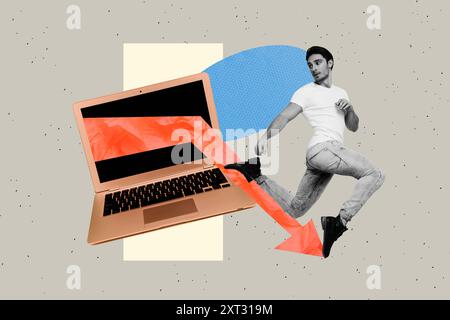 Zusammengesetzte Fotocollage des seriösen Geschäftsmannes laufen macbook Gerät Pfeil nach unten bankrotte Statistiken Rückgang isoliert auf gemalten Hintergrund Stockfoto