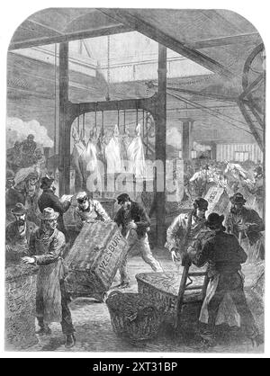 The Meat Market, Smithfield, [London]: Ankunft eines frühen Fleischzugs, 1870. Stunden vor Tageslicht, ist der New Smithfield Market eine geschäftige Szene traffic...it ist die Ankunft eines Great Western Meat Zuges, mit der U-Bahn von Paddington, die in der Abbildung dargestellte U-Bahn-Station für den Güterverkehr unter dem Metropolitan Meat Market ist gleichermaßen für die Züge der Great Western, Great Northern und London, Chatham und Dover Railway erreichbar. Sie wird von der Straße oben mit Wagen und Pferdewagen angefahren und führt einen circ hinunter Stockfoto