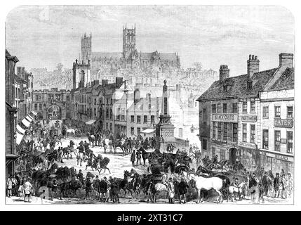 Lincoln Horse Fair, 1870. "Die jährliche Messe in Lincoln ist durch eine alte Charta festgelegt, um am Dienstag der letzten Woche im April zu beginnen; aber die Geschäfte beginnen normalerweise am Montag oder sogar am Samstag davor. Dies gilt insbesondere für die bessere Pferdeklasse, die in den Stallungen und Höfen zum Verkauf angeboten wird. Das Angebot auf der Spätmesse war nicht so groß wie in früheren Jahren und bestand weniger aus Pferden, die in Lincolnshire gezüchtet wurden als aus Pferden, die aus fernen Teilen des Königreichs mit der Eisenbahn gebracht wurden. Es gab zwanzig preußische Pferde, von englischen Vererbern, aber die meisten von denen, die behaupten Stockfoto