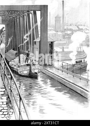 Wasser überspannt vom Wasser: Der Bridgewater Canal, der den Manchester Ship Canal überquert, 1909. "Der Manchester Ship Canal, eine bemerkenswerte Meisterleistung der Ingenieurskunst, bietet vielleicht kein merkwürdigeres Merkmal als das Barton Aquädukt, das hier dargestellt wird. Dadurch wird der alte Bridgewater Canal über den moderneren Schiffskanal geführt. Das Aquädukt, das vierzehntausend Tonnen wiegt, hat an beiden Enden ein wasserdichtes Tor Diese Tore werden geschlossen, wenn es notwendig ist, Platz für ein Schiff auf dem Kanal darunter zu machen, und das Aquädukt wird an einem Drehpunkt zur Seite geschwenkt, wobei das Wasser auf seiner Oberseite wie bisher gehalten wird Stockfoto