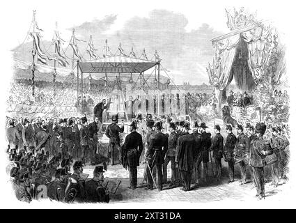 Der König von Holland legte den Grundstein für die Amsterdamer Schiffsschleusen, 1870. "Es wird daran erinnert werden, dass die Nummer dieses Journals vom 20. November eine Beschreibung des großen Kanals für Seeschiffe enthielt, der noch im Bau ist zwischen Amsterdam und dem Deutschen Ozean... dem Gedenkstein, dem Damm und der Schleuse von Schellingwoude... in Richtung Zuider Zee, am 29. April wurde seine Majestät Wilhelm III. von Mr. Jitta, dem Präsidenten, und den Direktoren der Amsterdamer Canal Company empfangen Stockfoto