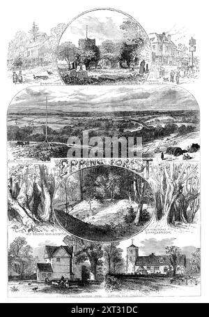 Sketches in Epping Forest, 1871. Fairmead Lodge; Chingford Church; The Roebuck, Buckhurst Hill; Blick von Highbeech; Old Beeches bei Loughton; Ambresbury Banks, ein altes britisches Lager; Old Hornbeam, Snaresbrook; Queen Elizabeth's Hunting Lodge; Epping Old Church... die Erhaltung jener Teile, die noch immer vom großen Wald von Essex übrig sind, nur wenige Meilen vom überfüllten östlichen Ende Londons entfernt. denn die gesunde Wiederbelebung der Menschen in dieser „Millionen-Einwohner-Stadt“ ist ein Objekt, das in letzter Zeit viel Aufmerksamkeit in der Öffentlichkeit auf sich gezogen hat... es gibt nur wenige ländliche Viertel in EN Stockfoto