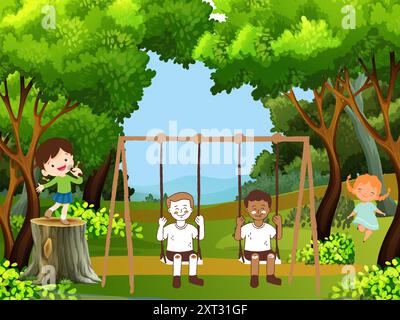 Fröhliche Kinder genießen einen verspielten Sommertag im Garten voller Lachen und Spaß Stock Vektor