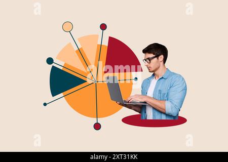 Composite-Foto-Collage von seriösen Guy Typ macbook Gerät Diagramm Erfolg Entwicklung Büro Freiberufler isoliert auf gemalten Hintergrund Stockfoto