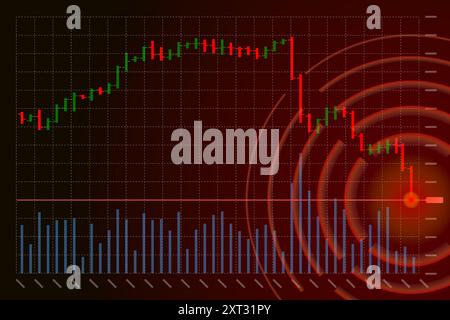 Technische Analyse des Aktienhandels: Starkdiagramms fallen. Abwärtstrend für Kerzenhalter an der Börse. Schaubild der Krisenwirtschaft und Investitionsverluste. EP-Banner für den Absturz des Finanzindex des Traders. Geldverlust Stock Vektor