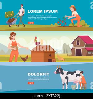 Banner für Landwirte. Arbeitende glückliche Bauern melken Kühe, die Hühner im Garten füttern Stock Vektor