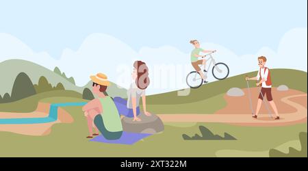 Entspannung im Freien. Die Menschen verbringen Zeit in verschiedenen Aktivitäten, Wandern, Radfahren, Sitzen im Wald Stock Vektor
