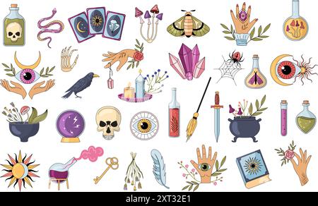 Hexerei. Wahrsagung Mystik Okkultismus und Alchemie Konzeptbilder Sammlung neuerer Vektorvorlage Stock Vektor
