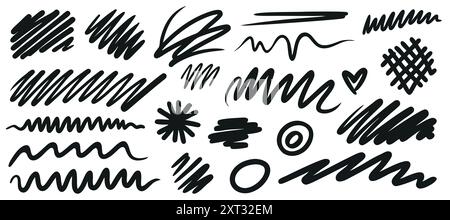 Holzkohlestift, Wirbel und Quietschen. Satz von Pinselstrichen. Handgezeichnete Markierungskritzeleien. Isoliert auf weißem Hintergrund Stock Vektor