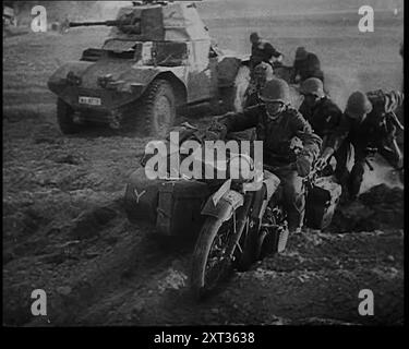 Deutsche Soldaten, die mit Militärfahrzeugen durch die staubigen Felder vormarschieren, um alliierte Einheiten in Frankreich abzuschneiden, 1940. Zweiter Weltkrieg. 'Nun, durch eine fünfzig Meilen breite Lücke, fährt Armeegruppe A, um die alliierten Armeen in zwei zu trennen, höllisch darauf bedacht, die Kanalküste zu erreichen. Wenn die Straßen blockiert sind, gehen ganze Divisionen und ihre Rüstung auf die Felder und halten kaum einmal an, während sie feindliche Einheiten im Wald abschießen. Aus „Time to Remember – Run Rabbit Run“, 1940 (Reel 3); Dokumentarfilm über Ereignisse in den frühen Monaten des Jahres 1940. Stockfoto